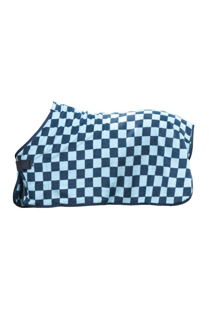 HKM Abschwitzdecke Henni aus Fleece mit einem Schachbrettmuster in Dunkelblau und Hellblau, Seitenansicht.