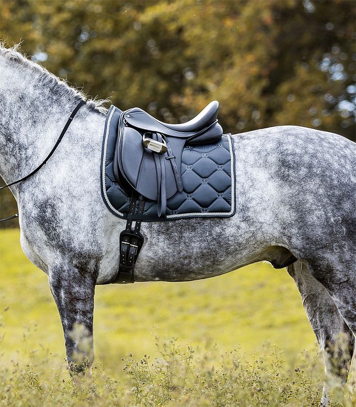 WALDHAUSEN Schabracke Valencia Dressur, nachtblau/silber Waldhausen Dressur-Schabracke Valencia in Nachtblau mit silberner Zierkordel, am gesattelten Apfelschimmel.