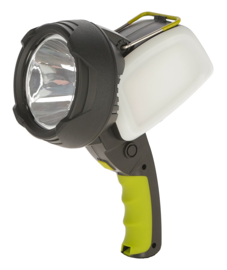 Kerbl LED Akku-Handscheinwerfer in Schwarz mit neongrünem, ergonomischem Griff und seitlicher Arbeitsleuchte.