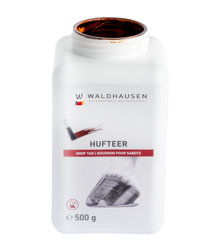 WALDHAUSEN Hufteer Weiße, geöffnete 500g Dose Waldhausen Hufteer mit dunkelbraunem Inhalt zur Pflege von Pferdehufen.