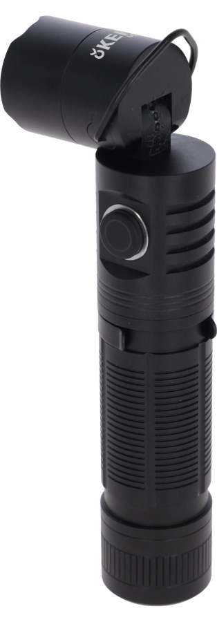 KERBL LED-Taschenlampe FlexFire 1000 in Schwarz mit abgewinkeltem Leuchtkopf und geriffeltem Metallgriff.