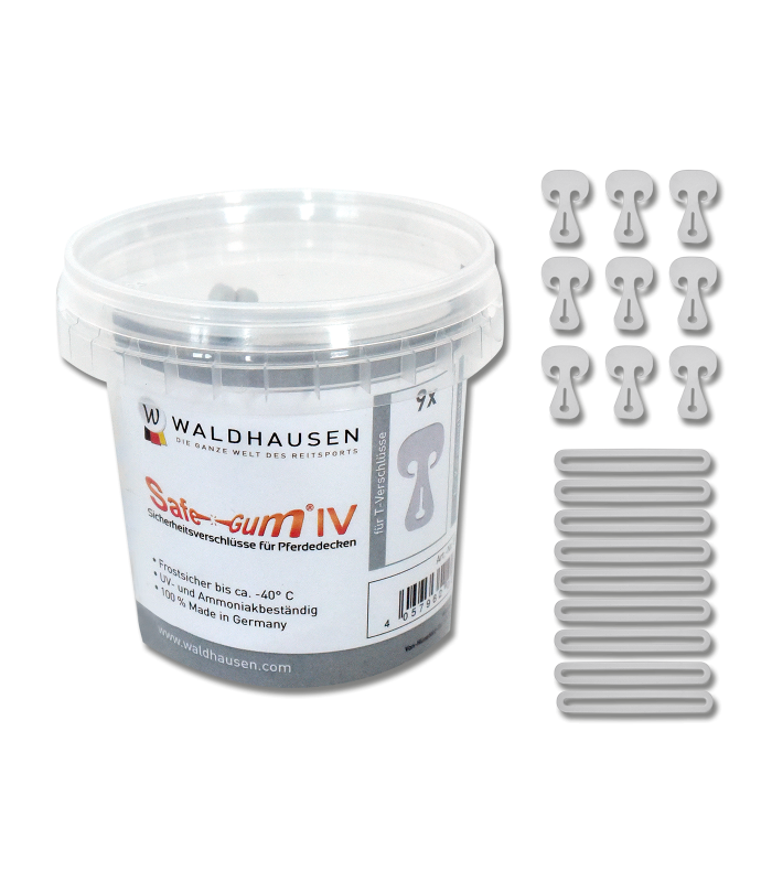 WALDHAUSEN Safe-Gum, 18er Set gemischt Safe-Gum 18er Set in silbergrau mit T-Verschlüssen und Gummiringen für Pferdedecken in transparenter Dose