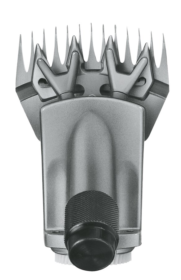 Frontansicht des silbernen AESCULAP Scherkopf Econom mit Schermessern GT588/GT578 und schwarzem Einstellrad.