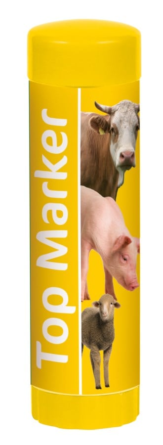 Kerbl Viehzeichenstift TopMarker in Gelb. Die Drehhülse zeigt Bilder von Rind, Schwein und Schaf.