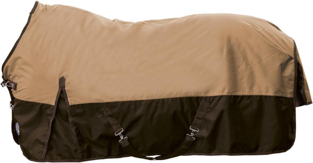 HKM Weidedecke St. Louis - 600D mit Polarfleece, beige/braun Die HKM Weidecke St. Louis in Beigebraun mit Polarfleece-Futter, Kreuzbegurtung und Gehfalte in der Seitenansicht.