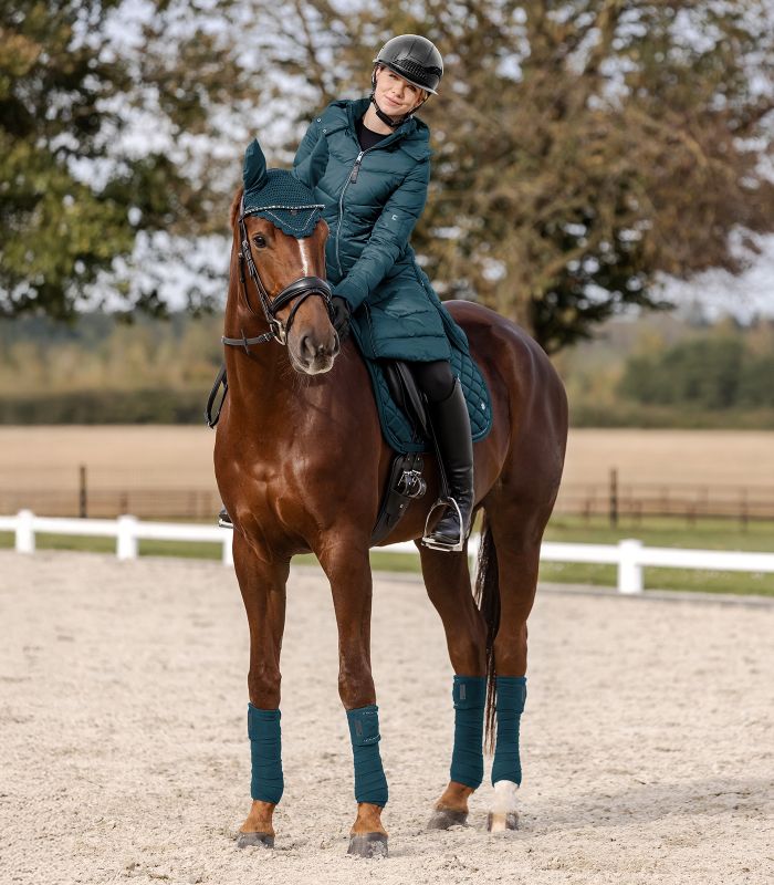 WALDHAUSEN Fliegenohren Nepal, petrolblau Braunes Pferd mit Reiterin trägt die petrolblauen Waldhausen Fliegenohren Nepal, Schabracke und passende Bandagen.