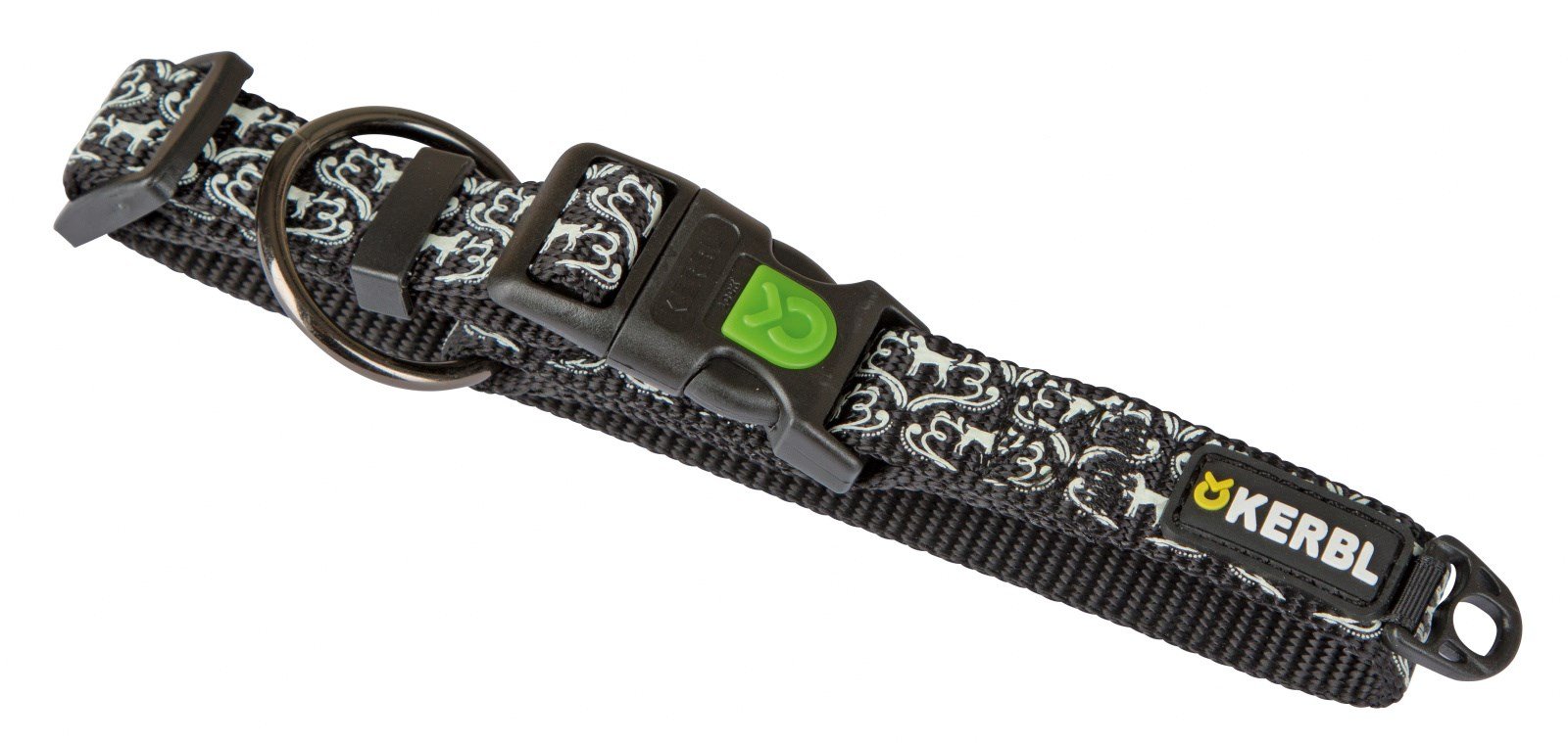 Schwarzes Nylon-Halsband Shiny Night mit weißem Ornament-Muster, Klickverschluss und schwarzem Metallring.