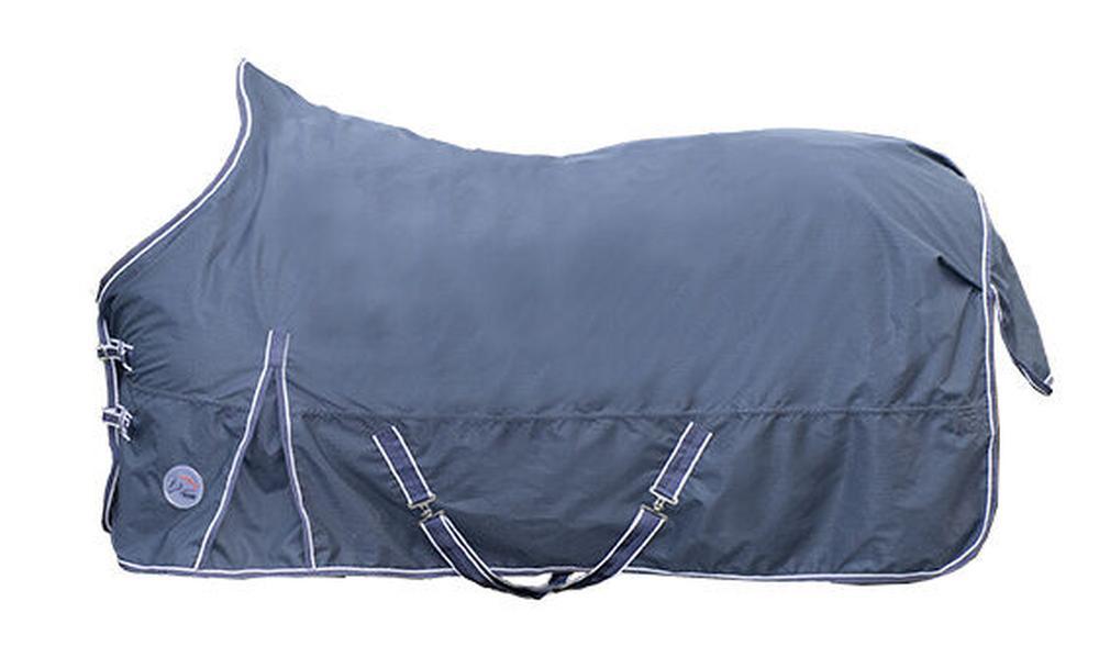 HKM Highneckdecke Starter - 600D mit Polarfleece, dunkelblau Dunkelblaue HKM Pferdedecke Starter 600D mit Polarfleece-Futter, weißer Biese und verstellbarer Kreuzbegurtung.