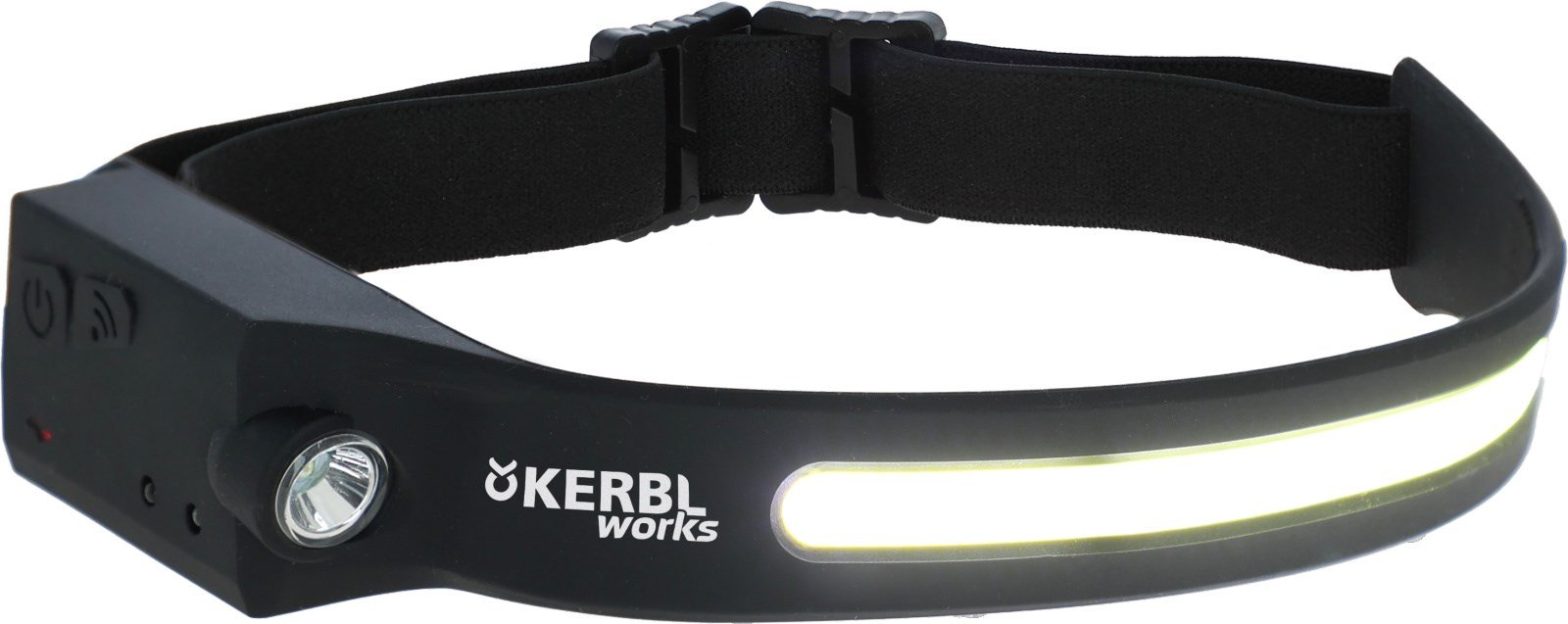 KERBL LED-Kopflampe HeadFire 280 sensor in Schwarz mit elastischem Kopfband und leuchtendem LED-Streifen.