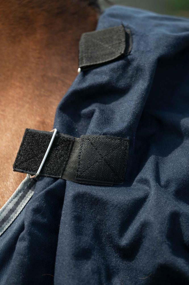 Nahaufnahme des Klettverschlusses mit Metallring am Halsteil der dunkelblauen HKM Weidedecke ThermoPro.