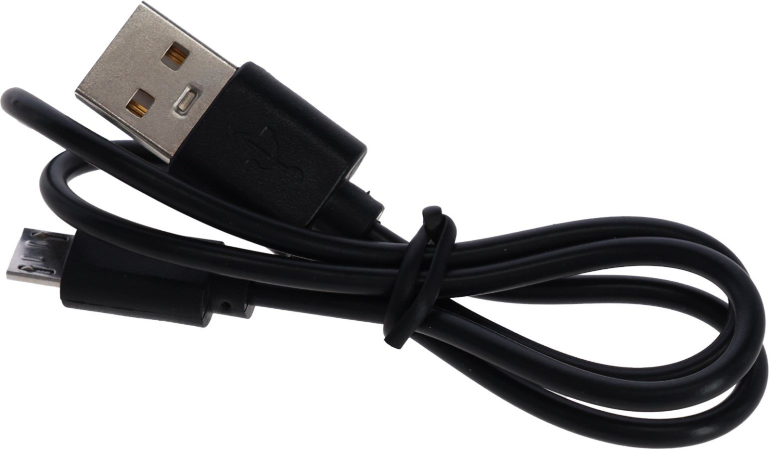 Schwarzes USB-Ladekabel mit USB-A und Micro-USB-Anschluss für die Kerbl LED-Akkutaschenlampe ProFire 1800.