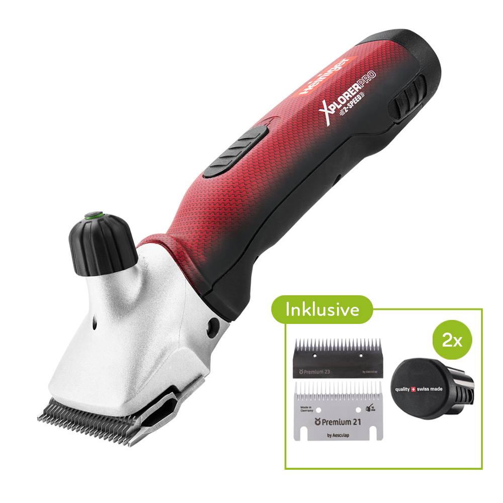 HEINIGER XPLORER PRO Akku-Schermaschine mit 2 x Li-Ion Batterien und Messer-Set 21/23 