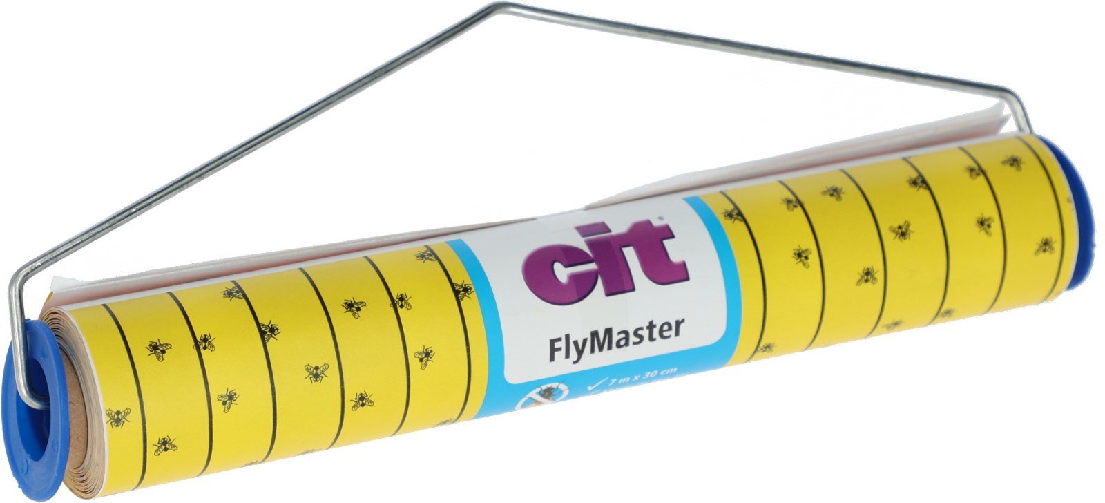 Kerbl Fliegenrolle mit gelbem, gemustertem Klebeband und Metallbügel. Klebefalle für die Insektenbekämpfung.