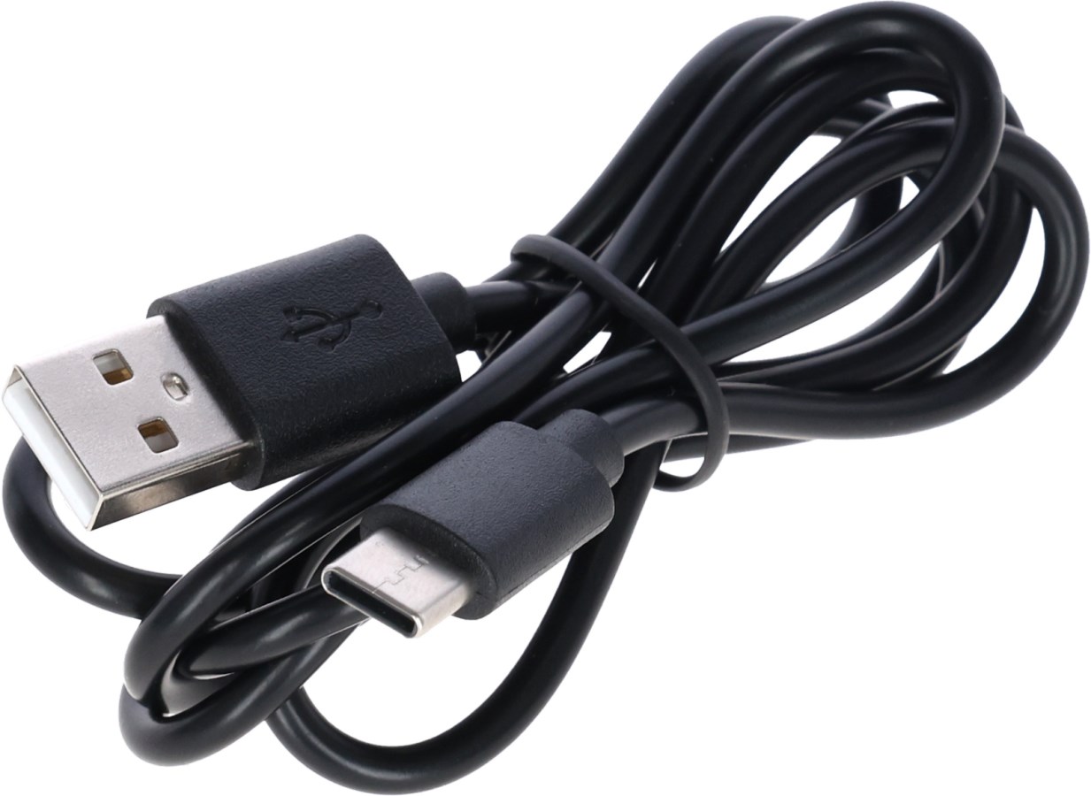Schwarzes USB-Ladekabel für die KERBL LED-Taschenlampe FlexFire 1000 mit USB-A und USB-C Anschluss.