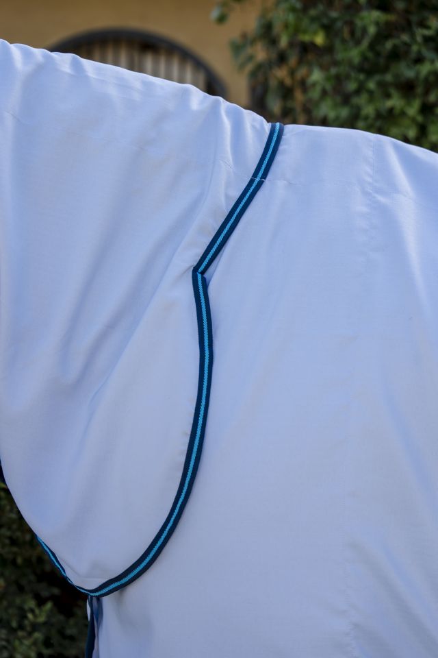 Detailansicht des Horseware Amigo Ripstop Hoody in Azurblau mit einer marineblauen und hellblauen Borte am Halsteil.