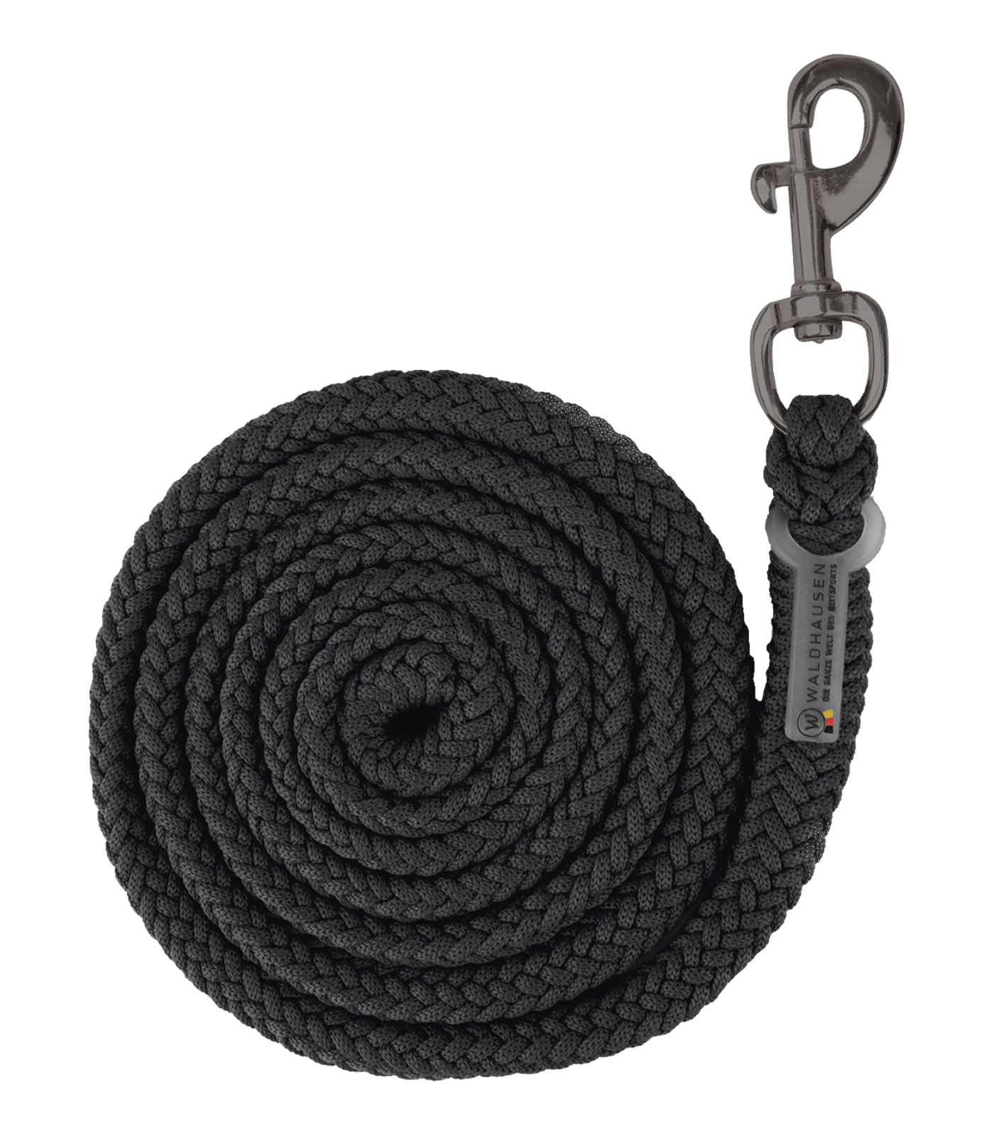 Waldhausen Anbindestrick Modern Ros in Schwarz Anthrazit, geflochten und zu einer Spirale aufgerollt, mit Karabinerhaken.