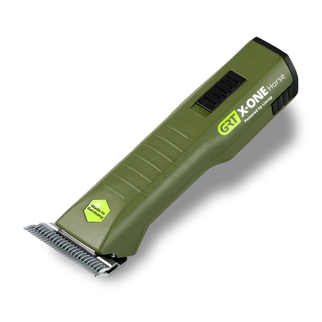 GRT X-ONE Horse Akku-Schermaschine in Olivgrün mit ergonomischem Gehäuse und silbernem Metall-Scherkopf.