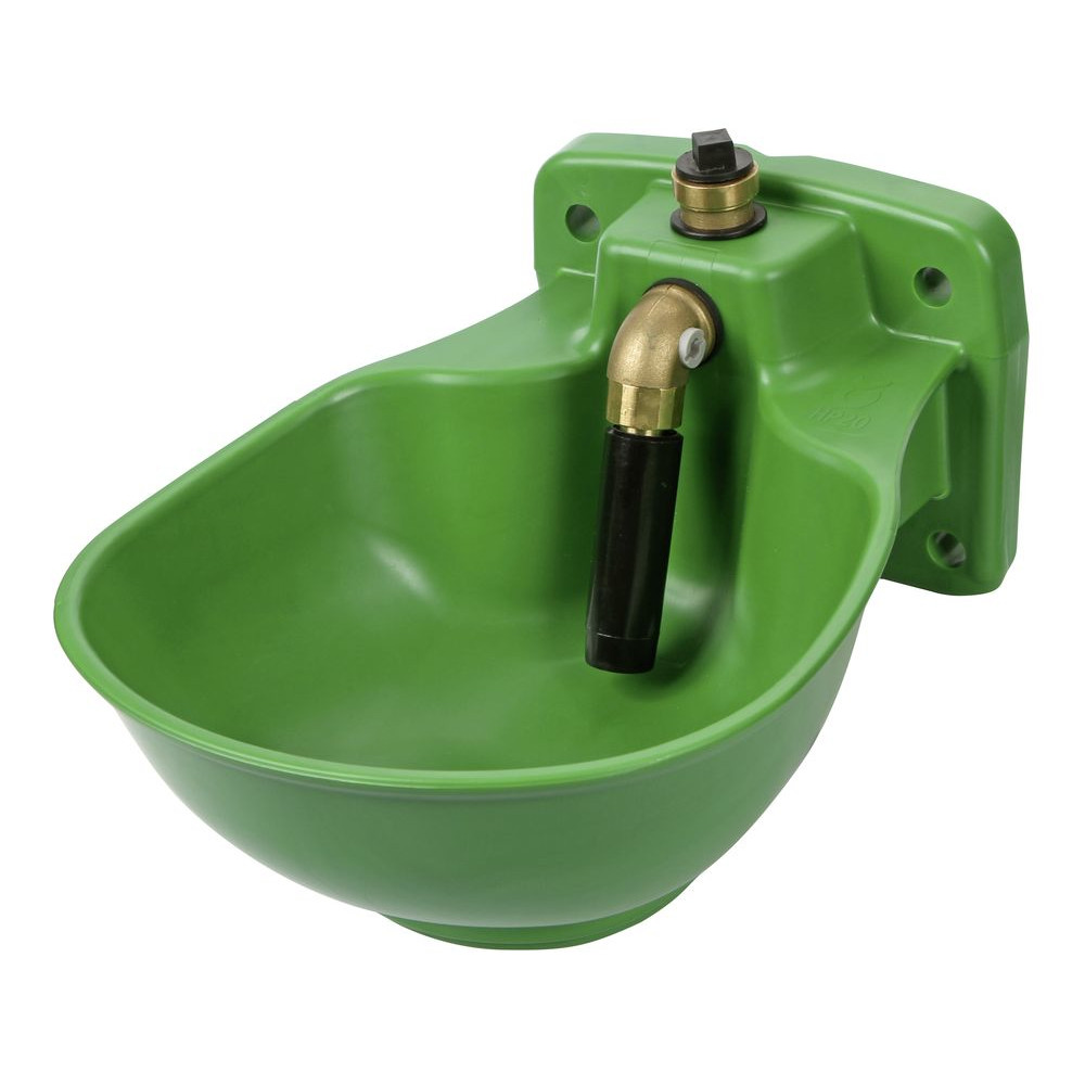 Heizbares Tränkebecken HP20 aus grünem Kunststoff mit einem Rohrventil aus Messing für die Wandmontage.