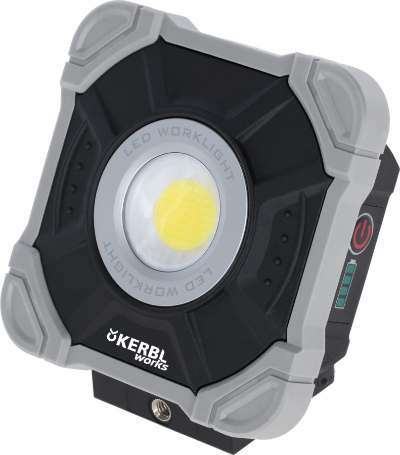 Kerbl WorkFire 2200 mobiler LED-Strahler in schwarz-grau. Robuster Baustrahler mit Akkuanzeige und Stativgewinde
