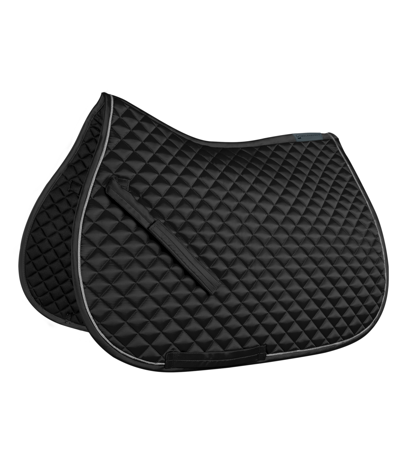 Schwarze Waldhausen Schabracke Felix Glam für Vielseitigkeitssättel mit Rautensteppung und silberner Zierkordel.