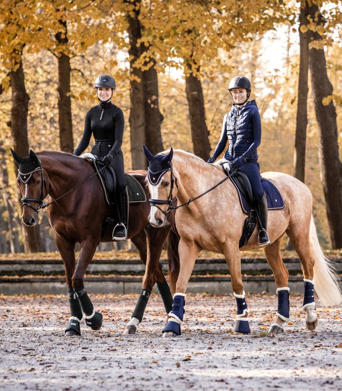 Waldhausen Fliegenohren Modern Ros in Schwarz-Gold am Pferd, getragen von einer Reiterin bei einem Ausritt im Herbst.