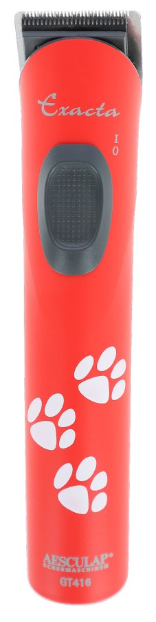 Roter AESCULAP Akkutrimmer Exacta mit weißen Pfotenabdrücken und aufgesetztem GT608 Scherkopf in Frontansicht.