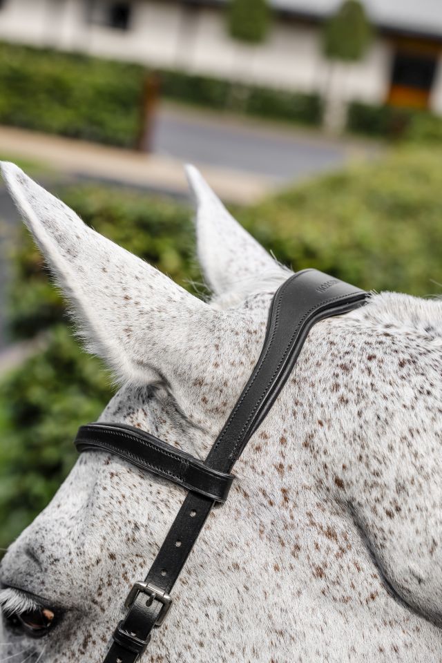 HORSEWARE® Micklem® Competition Bridle, black Detailansicht des anatomischen Genickstücks der schwarzen Horseware Micklem Competition Bridle an einem Schimmel.