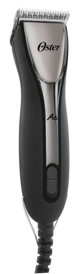 OSTER Schermaschine A6 Slim in Schwarz mit silbernen Akzenten und ergonomischem Griff in der Frontalansicht