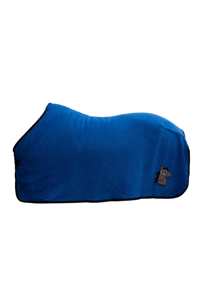 HKM Abschwitzdecke Mia aus dunkelblauem Fleece für Pferde in der Seitenansicht mit schwarzer Einfassung und Logo