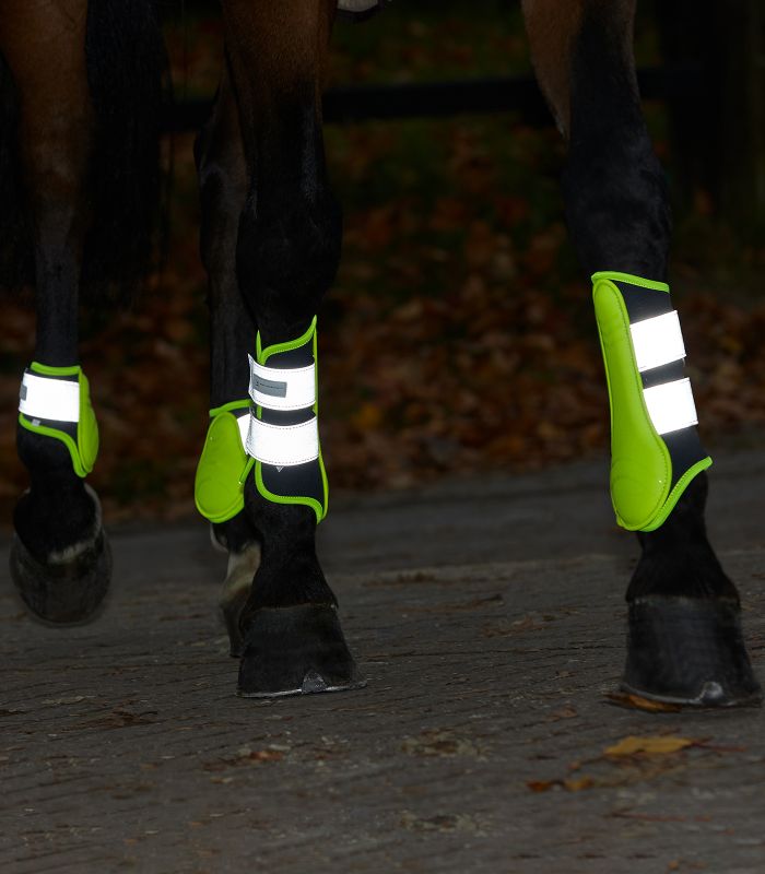 WALDHAUSEN REFLEX Streichkappe, neongelb  Neongelbe REFLEX Streichkappen von WALDHAUSEN mit leuchtenden Reflektorstreifen am Pferdebein in der Dämmerung.