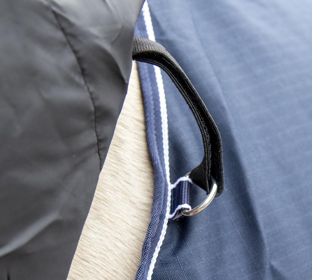 HKM Weidedecke Starter mit Halsteil und Polarfleece, dunkelblau Nahaufnahme des Halsteils der dunkelblauen HKM Starter Fleecedecke mit schwarzem Gurt und Metallring.