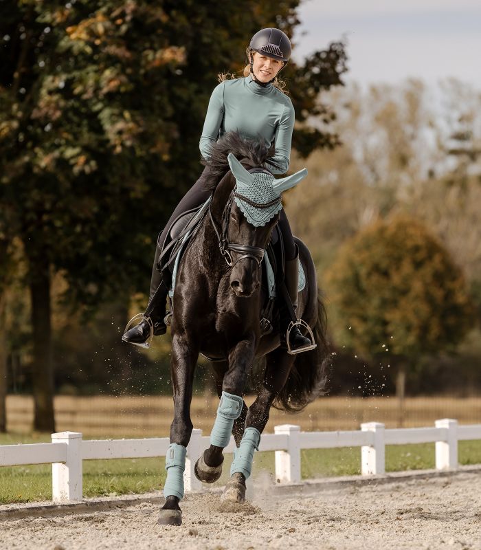 WALDHAUSEN Fliegenohren Nepal, silberblau Ein Rappe trägt die silberblauen WALDHAUSEN Fliegenohren Nepal mit passenden Bandagen auf dem Reitplatz.