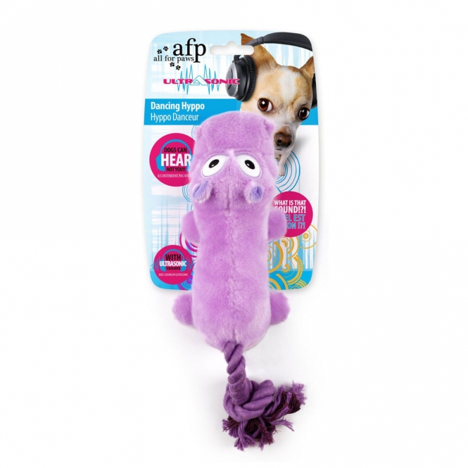 Lila Hundespielzeug in Nilpferd-Form aus weichem Plüsch mit robustem Tauschwanz und Ultraschall-Quietscher.