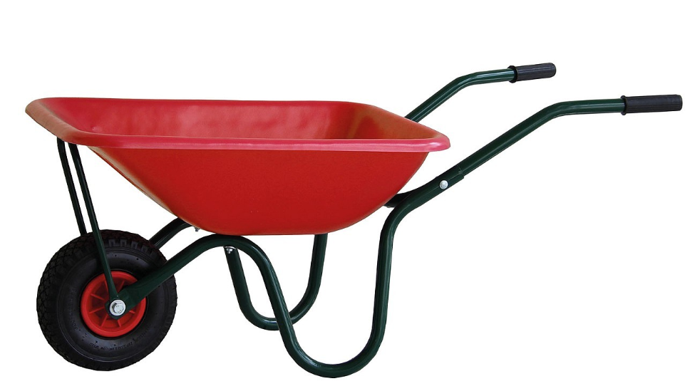 Schubkarre für Kinder, 40 l Rote Schubkarre für Kinder mit 40 l Kunststoffmulde, grünem Stahlrohrgestell, Luftrad und schwarzen Griffen.