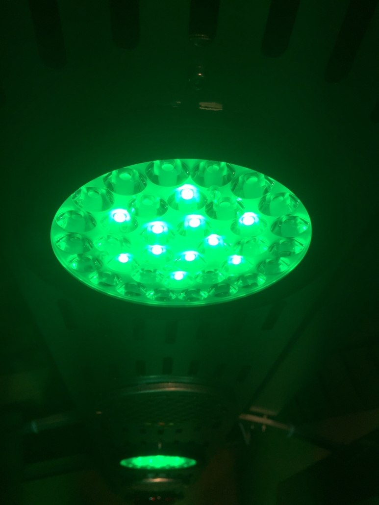 SUMMERWIND Pferdesolarium mit grünem Therapie-Farblicht. Nahaufnahme der runden LED-Leuchte von unten.