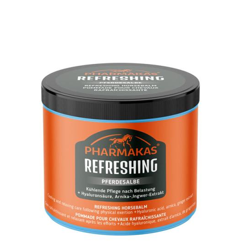 PHARMAKAS® Refreshing Pferdesalbe Pharmakas Refreshing Pferdesalbe in oranger Dose zur kühlenden Pflege mit Hyaluronsäure und Arnika.