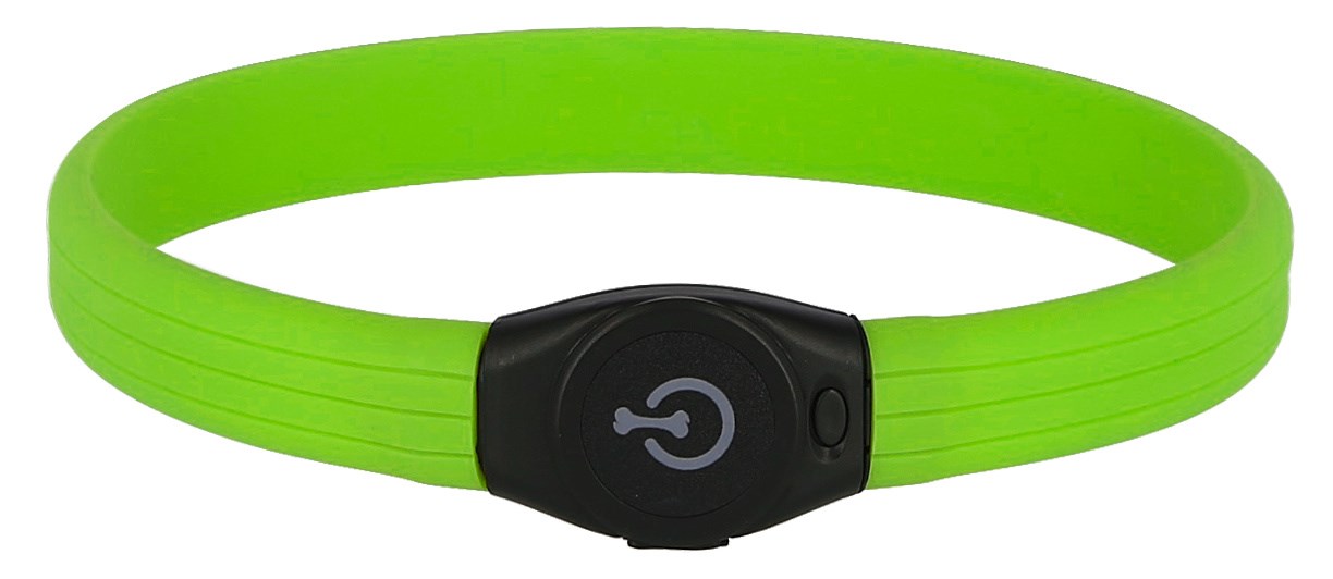 LED-Halsband Maxi Safe in leuchtendem Grün aus flexiblem Silikon mit schwarzem An- und Ausschalter für Hunde.