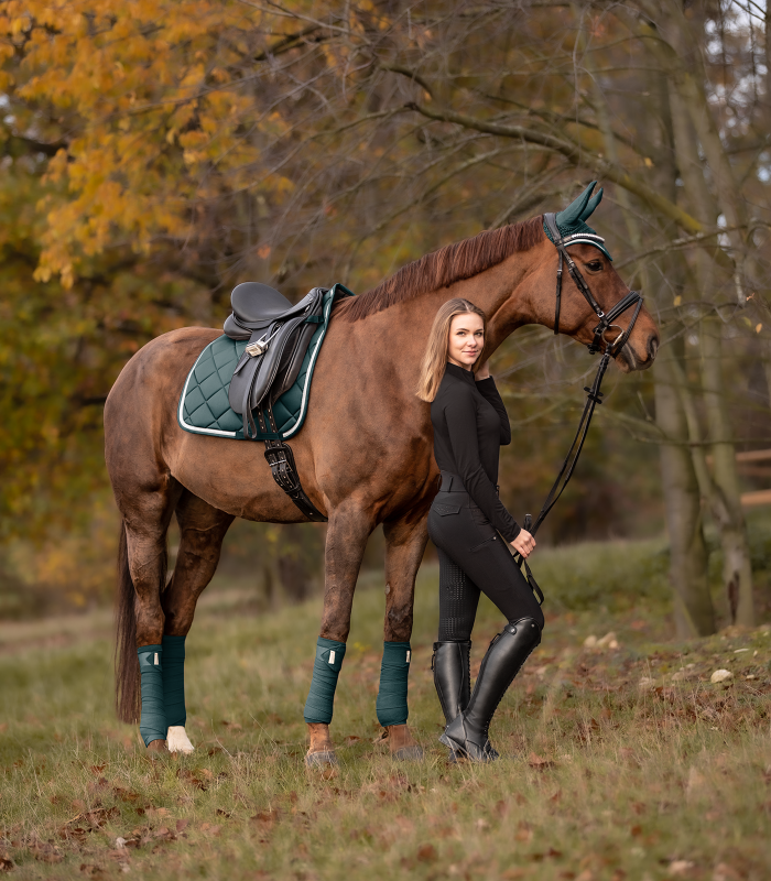 Waldhausen Schabracke Competition Dressur in Tannengrün mit silberner Kordel an einem braunen Pferd mit Reiterin.