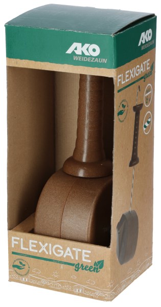 Das braune AKO Tor-Set Premium FLEXIGATE green für Weidezäune in der originalen Kartonverpackung gezeigt.