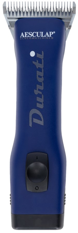 Blaue AESCULAP Akkuschermaschine Durati Horse mit silbernem Scherkopf 10W und schwarzem Schalter in der Frontansicht.