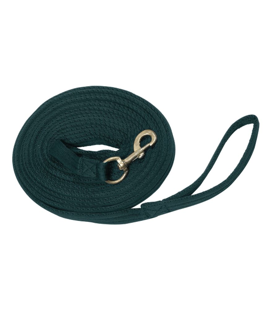WALDHAUSEN Longierleine Griffy Dunkelgrüne Waldhausen Longierleine Griffy aus Gurtband, aufgerollt mit goldfarbenem Karabiner und Handschlaufe.