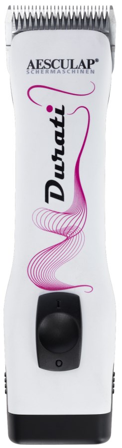 Aesculap Akkuschermaschine Durati in Weiß mit pinkem Muster, schwarzem Schalter und Scherkopf GT330.