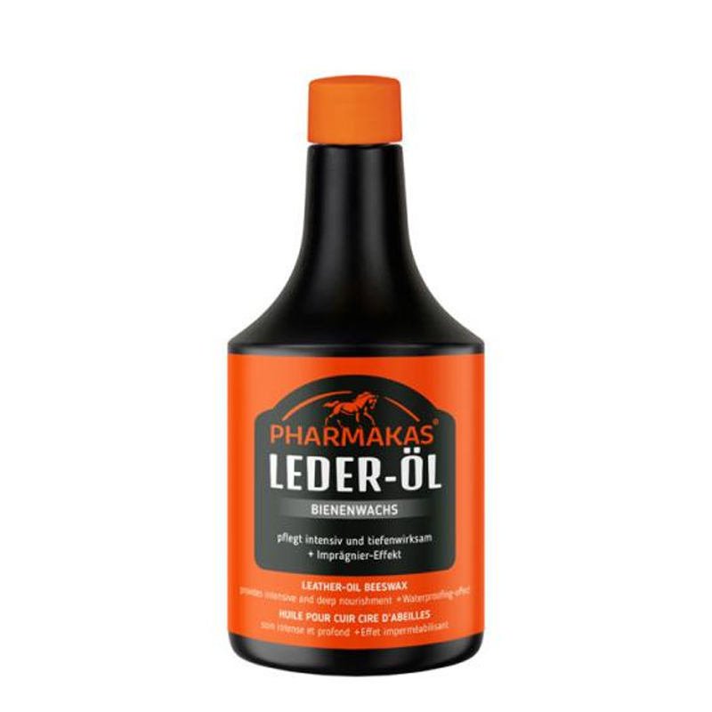 Pharmakas Leder-Öl mit Bienenwachs in schwarzer Flasche zur intensiven Pflege und Imprägnierung von Leder.