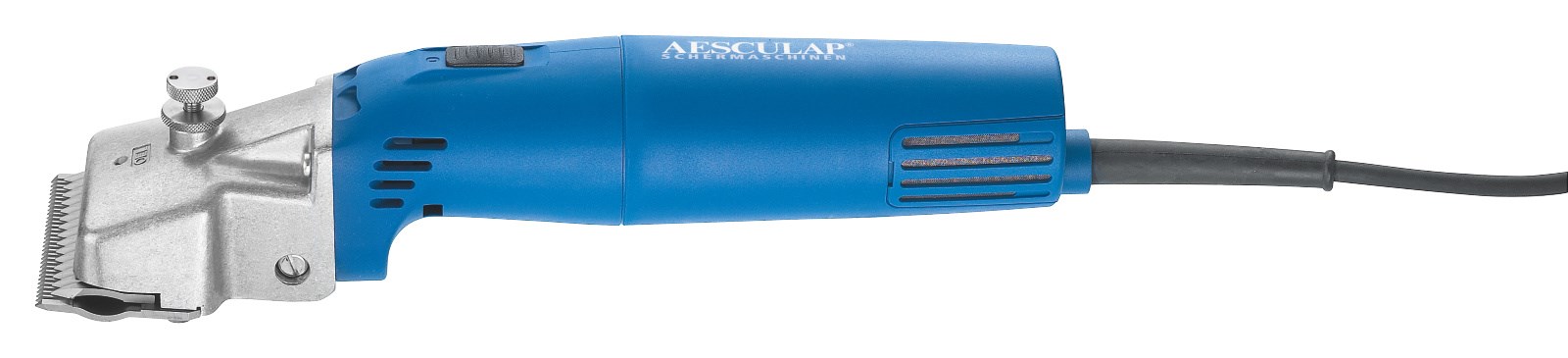 AESCULAP Econom II Schermaschine mit blauem Gehäuse und silbernem Scherkopf für die Großtierschur in der Seitenansicht.