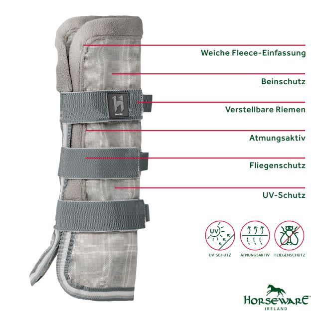 HORSEWARE® Newmarket Fliegengamaschen, witney charcoal Horseware Newmarket Fliegengamaschen in Witney Charcoal mit Beschriftung der Merkmale wie UV-Schutz und Atmungsaktivität.
