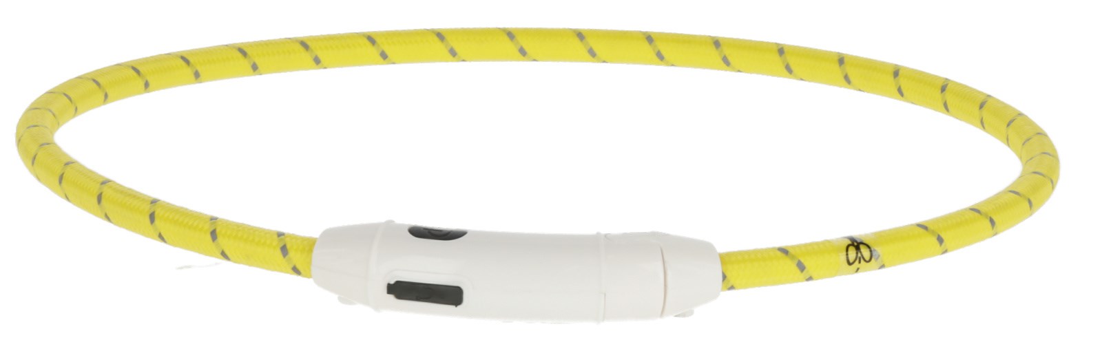 Kerbl Maxi Safe LED-Halsband aus gelbem Nylon mit reflektierenden Spiralstreifen und weißem Verschluss.