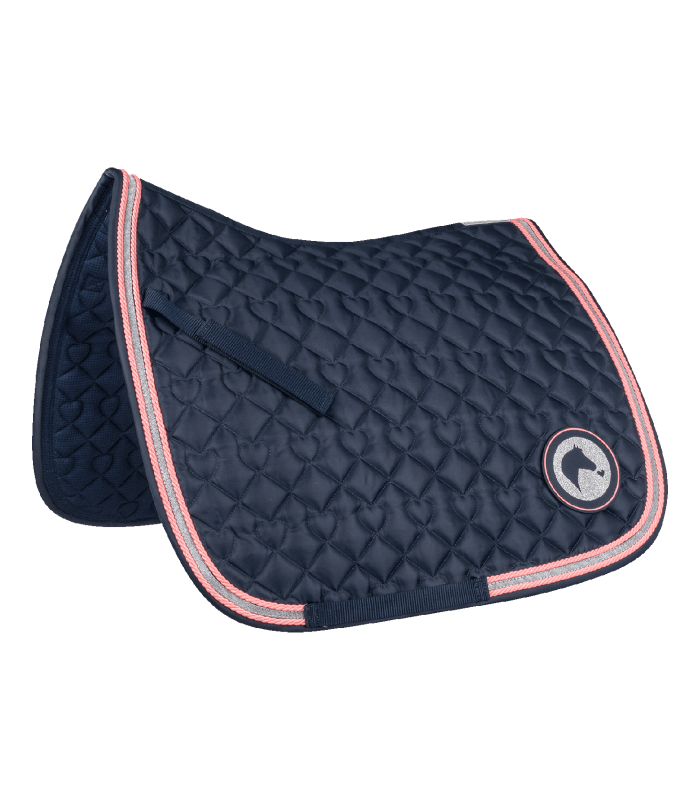 WALDHAUSEN Dressur-Schabracke Lucky in Dunkelblau mit Herzsteppung und einer rosa-silbernen Zierkordel