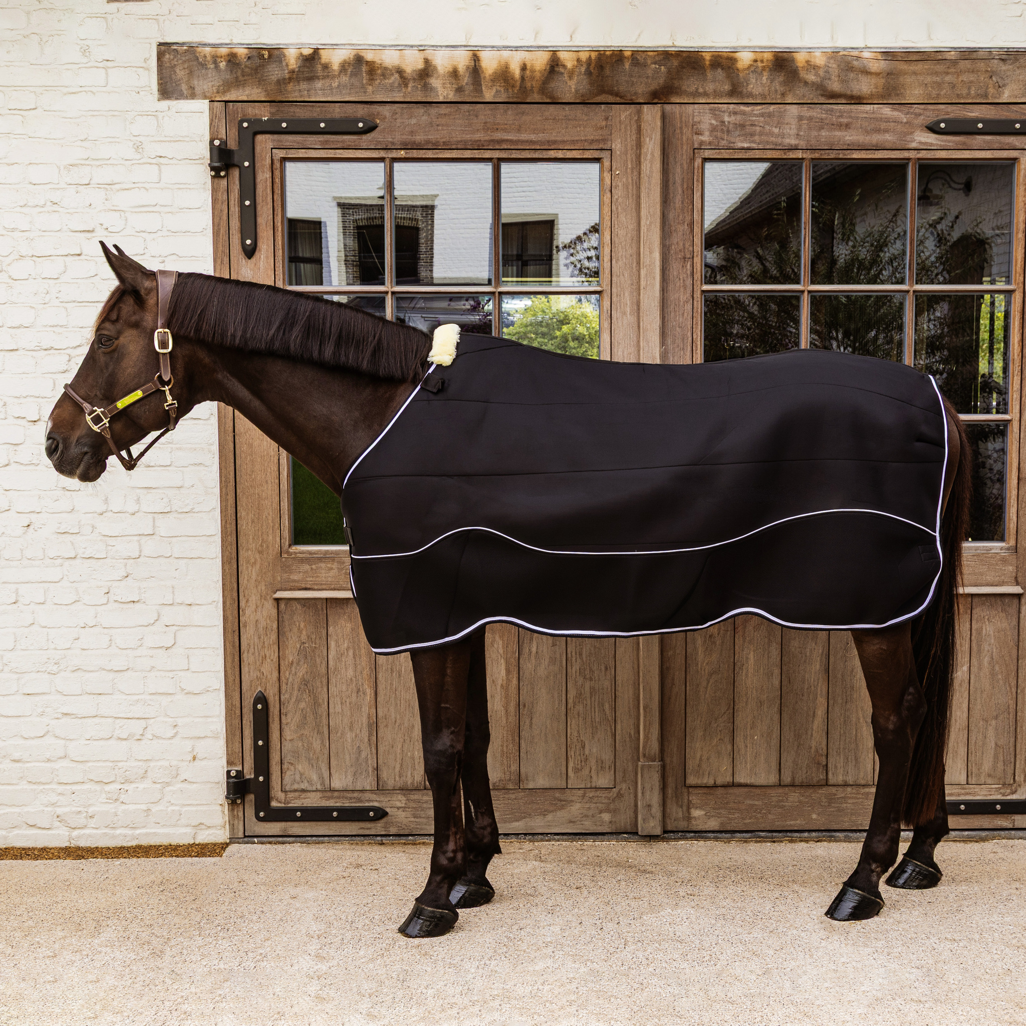 KENTUCKY® HORSEWEAR Turnout Rug Comfort 3D Fleece Liner, schwarz Schwarze Turnout Decke Comfort 3D Fleece Liner mit weißer Zierkordel an einem braunen Pferd in der Seitenansicht.