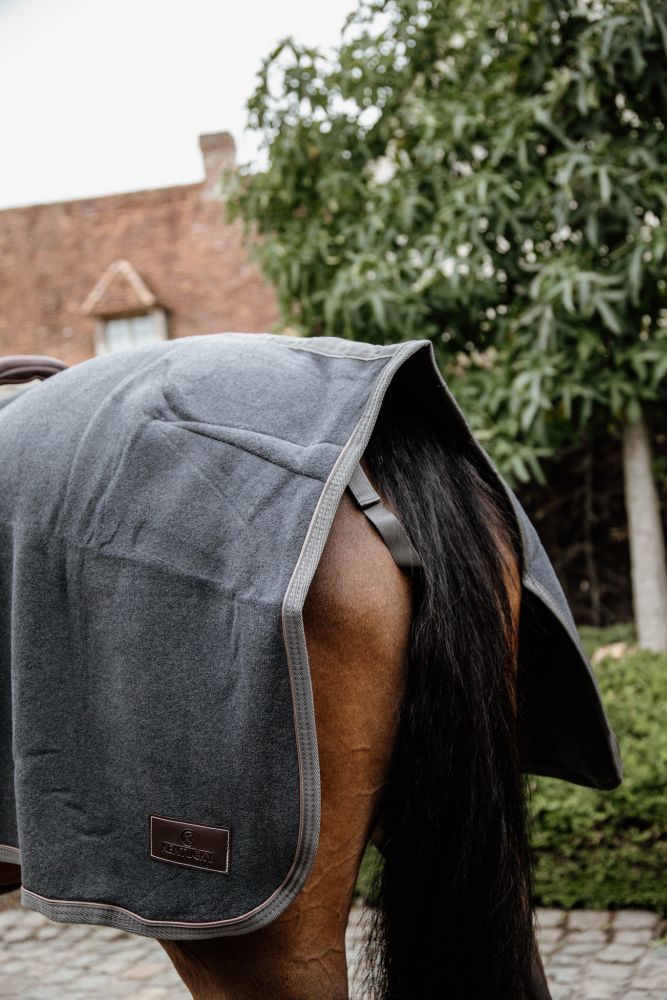 Hinteransicht eines Pferdes mit der HORSEWEAR Ausreitdecke Quadrat Heavy Fleece in dunkelgrau