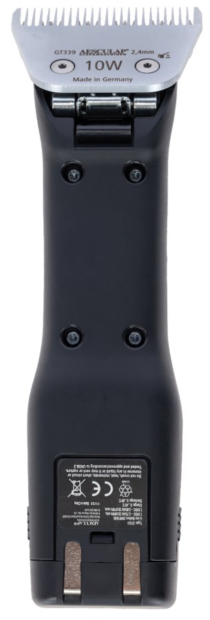 Rückansicht der schwarzen AESCULAP Akkuschermaschine Durati Horse mit aufgestecktem silbernen 10W Scherkopf.